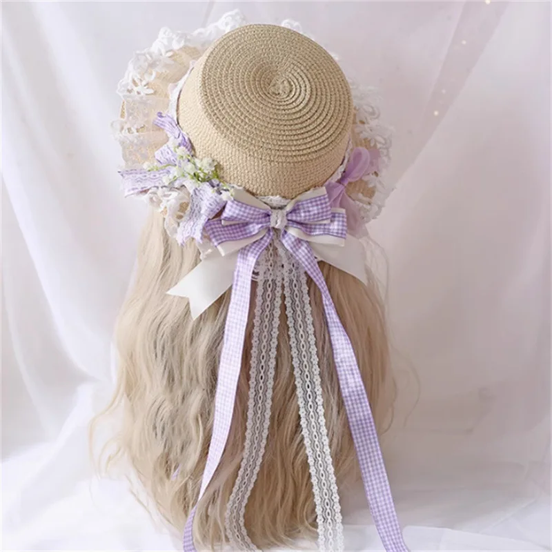 Light Blue Beige Multicolor Plaid Straw Hat Sweet Bow Decor Fresh Pastoral Versatile Sun Hat