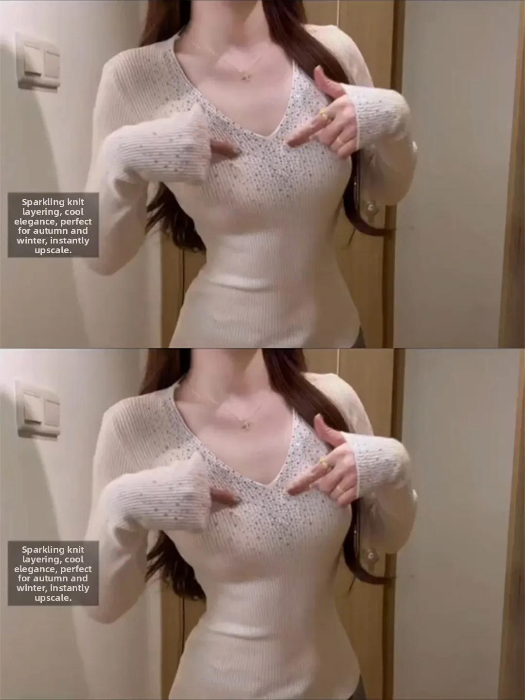 Slim Fit Long Sleeve Knitted Sweater Women's V-Neck Rhinestone Embellished Commute Style Korean Fashion Autumn Winter Top