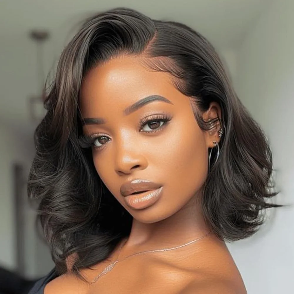 

Body Wave Bob Wig Human Hair HD Lace Front Wigs 180% Pre Plucked Density Glueless Wig Natural Black Color 16 Inch for Women