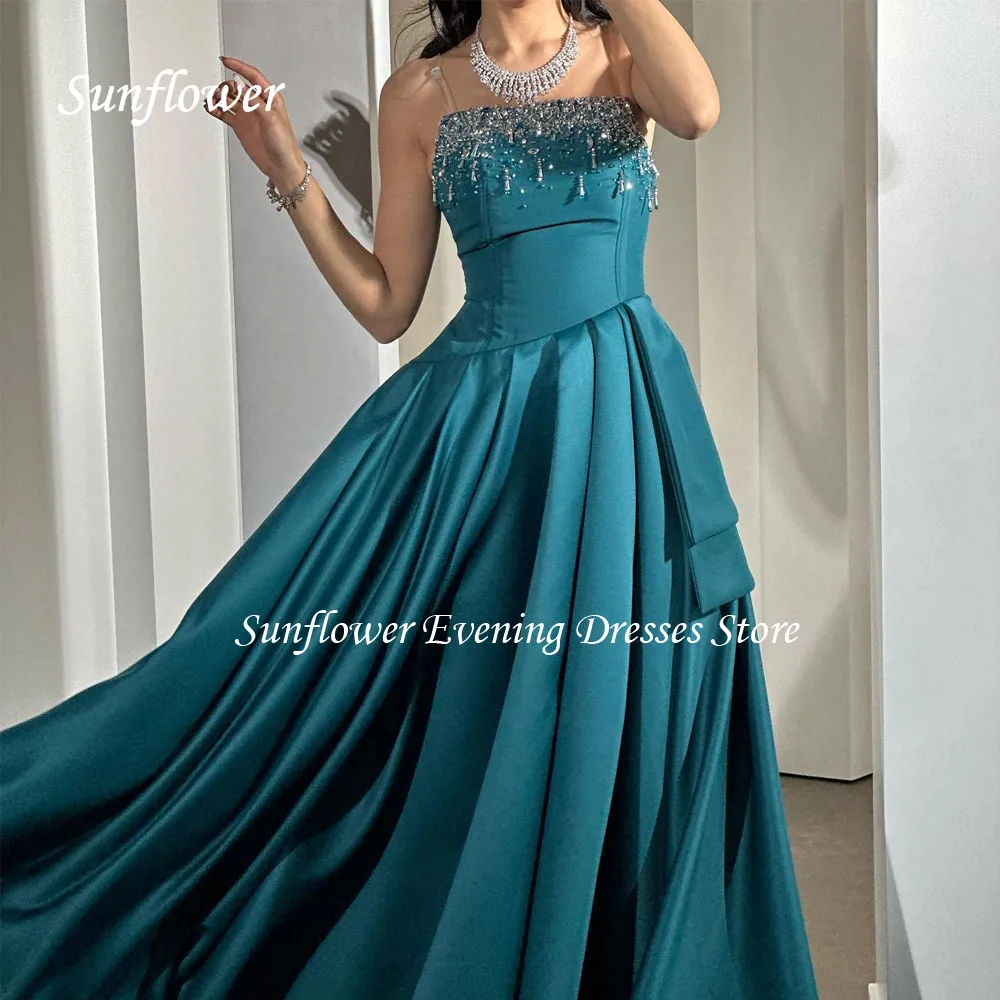 Sunflower Green Strapless Beading Satin A-LINE 2024 High Quality Slim Backless Ocassion Gown Floor-Length Formal Evening Dress