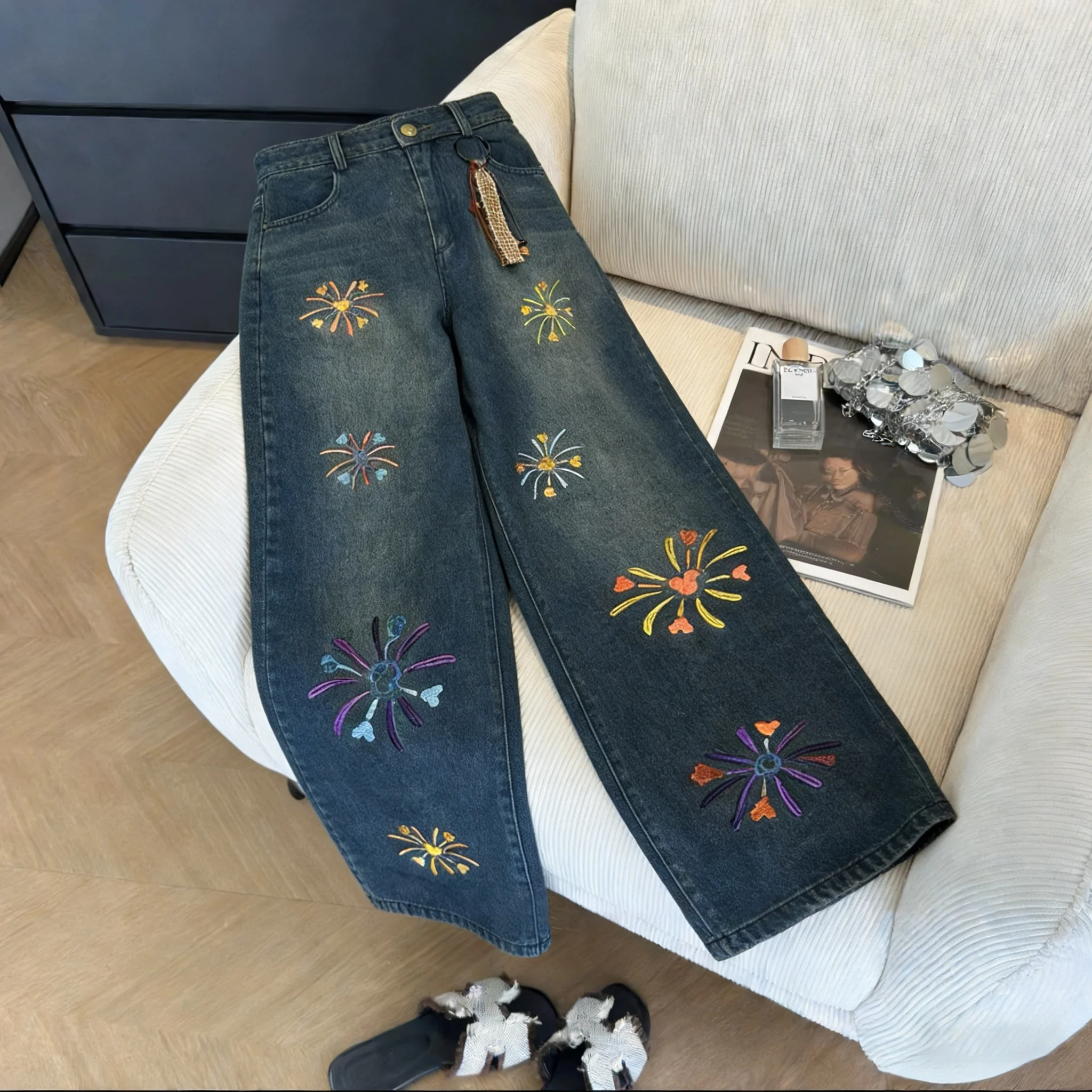 

Retro American Heavy Embroidery Straight Leg Jeans High Waist Loose Slimming Wide Leg Pants for Men And Women Spring Autumn