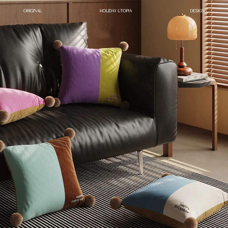 

Decorative Throw Pillow Covers 18x18 Inch with Pom-poms for Couch Bedroom Living Room, Modern Farmhouse Boho Home Decor Velvet