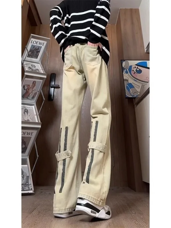 

Мужские джинсы High Street Vibe с молниями и карманами, осенне-зимние, цвета муд, длинные, рабочие, свободного прямого кроя, из износостойкого денима