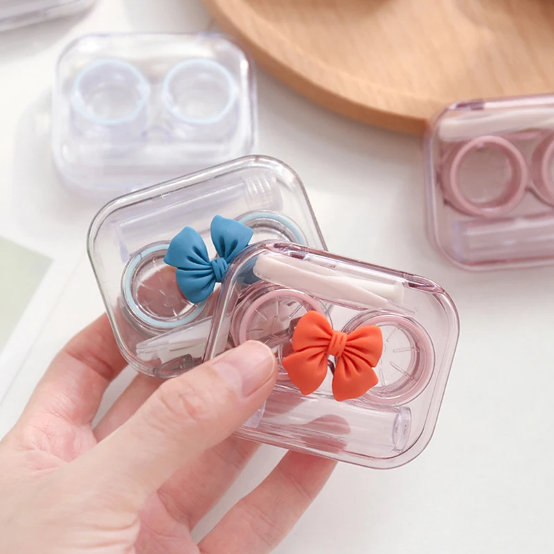 

5*6cm Clear Contact Lenses Box Cute Bow Portable Contact Lens Case With Solution Bottle Tweezer Remover Tool Stick Set