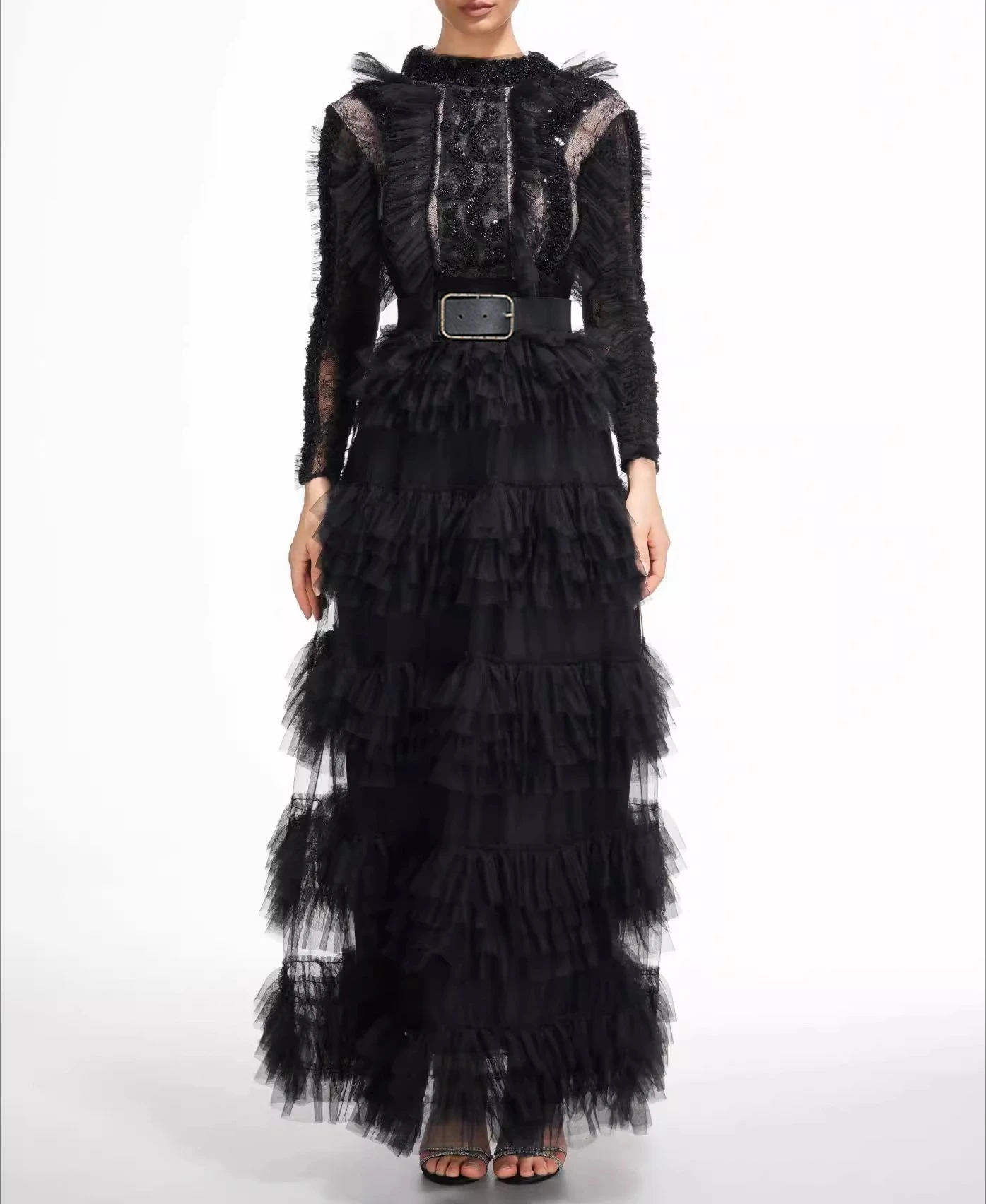 

Черное сетчатое платье, женское элегантное вечернее платье с длинными рукавами и вышивкой блестками, облегающее платье с высокой талией, винтажная тканевая женская одежда