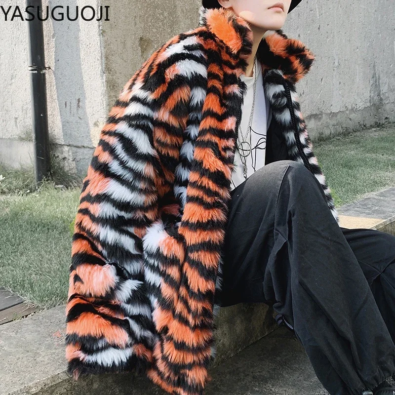 YASUGUOJI Winter Men Faux Fur Tiger Pattern Coat Jacket Male Fashion Loose Warm Coat Male Streetwear Thicken Outwear Oversize