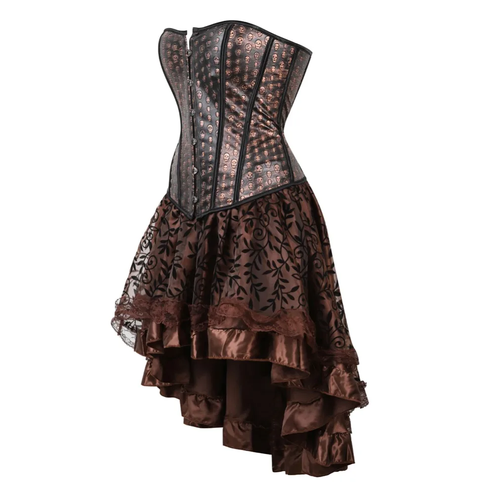 Leather Corset Dress Skirt Set  Top Plus Size Sexy Skull Steampunk Bustier Fashion Overbust Burlesque Basque Lingerie Costume
