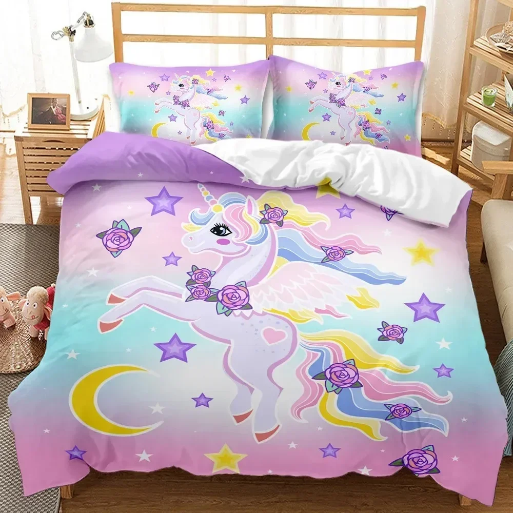 Hot Sale Cartoon Unicorn Kids Girls Pink 3D Bedding Set Duvet Cover Animal Printed Queen King Size Home Bed Linens