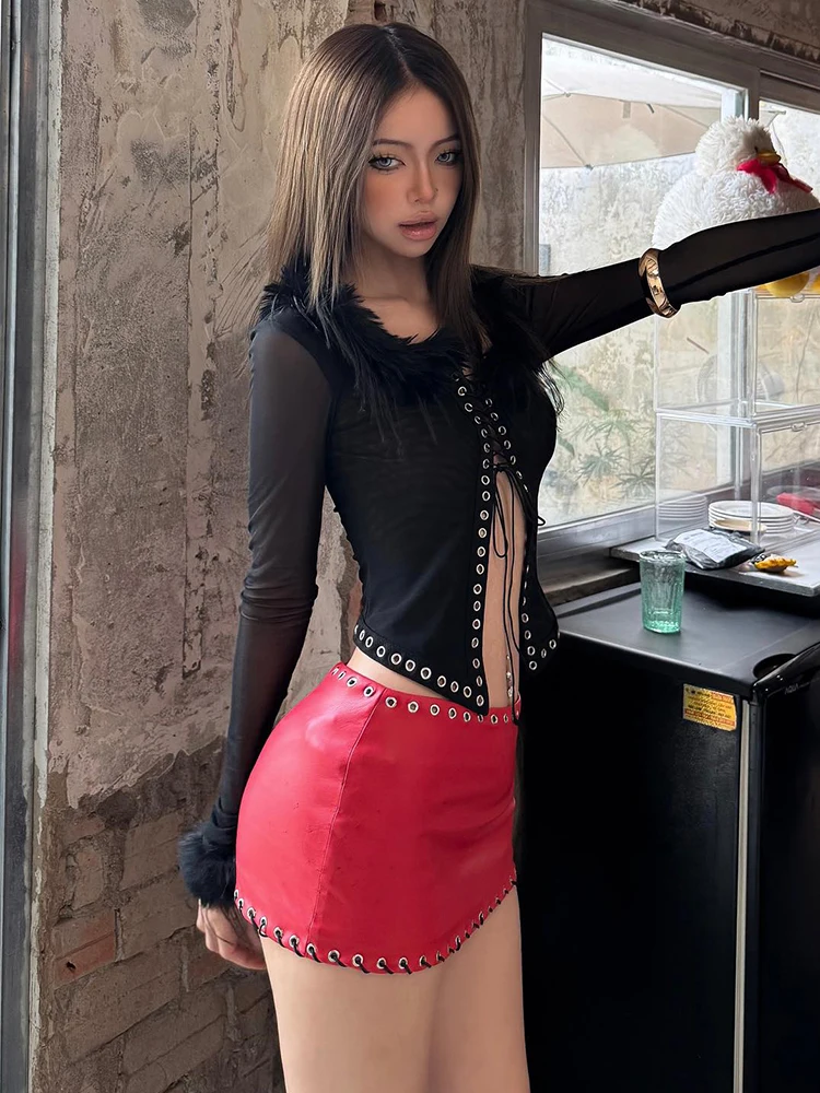 

SIsterlinda Feather Mesh Patchwork T-Shirt Women Sexy Coquette Metal Hollow Shirring Full Sleeve Stretch Midnight Party Clubwear