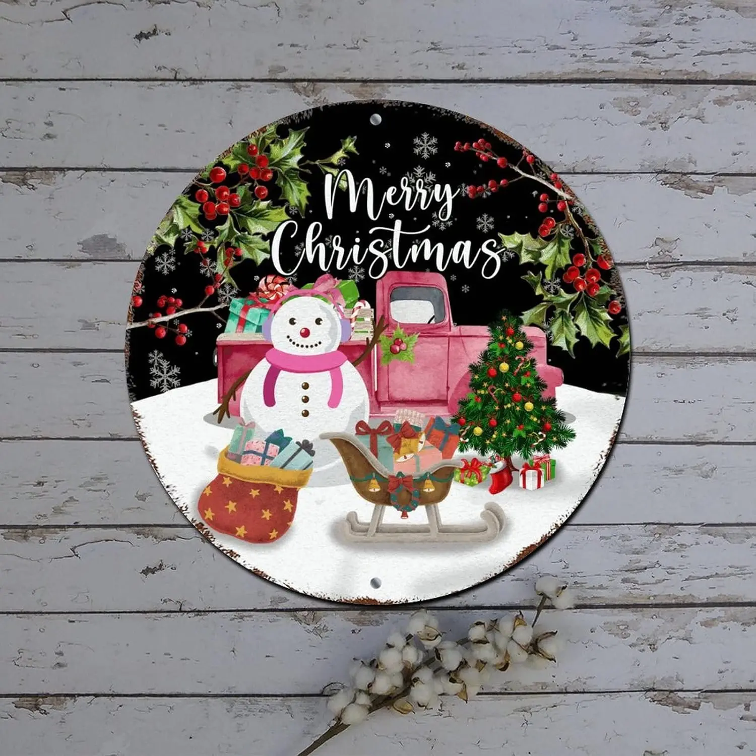 Merry Christmas Sign Vintage Red Truck Snowman Holly Round Metal Tin Sign Christmas Hanging Decorations Outdoor Distressed Styli