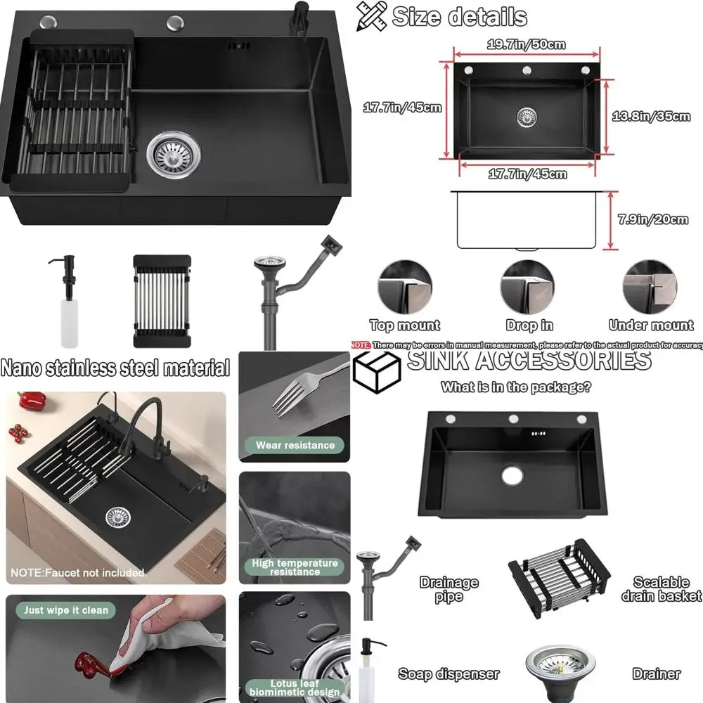 

Stainless Steel Single Bowl Kitchen Sink with Drain Basket and Soap Dispenser, Black, 19.7x17.7 inches