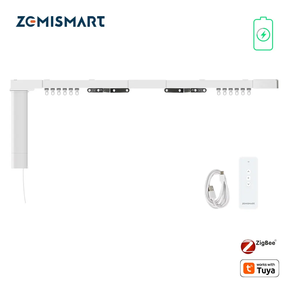 Zemismart Zigbee Electric Curtain Motor Built-in Battery with Sliding Track Work with Tuya Alexa Echo Google Home Voice Control
