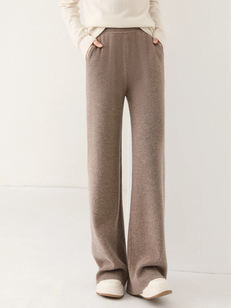 New Women’s Pure Wool Wide Leg Pants Autumn Winter Pockets Elastic Waist Straight leg Trousers 100% Merino Wool Knitting Pants