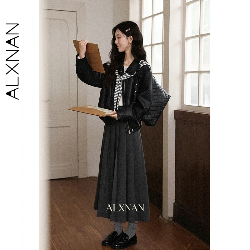 เสื้อแจ็คเก็ตหนังสีดำไซส์ใหญ่ ALXNAN แบบมีซิป ชายเสื้อยืดหยุ่น ผ้ากันน้ำ เหมาะสำหรับฤดูใบไม้ร่วง ดีไซน์อเนกประสงค์ ปกเสื้อแบบปกเชิ้ต เสื้อโค้ทผู้หญิง รุ่น D13017