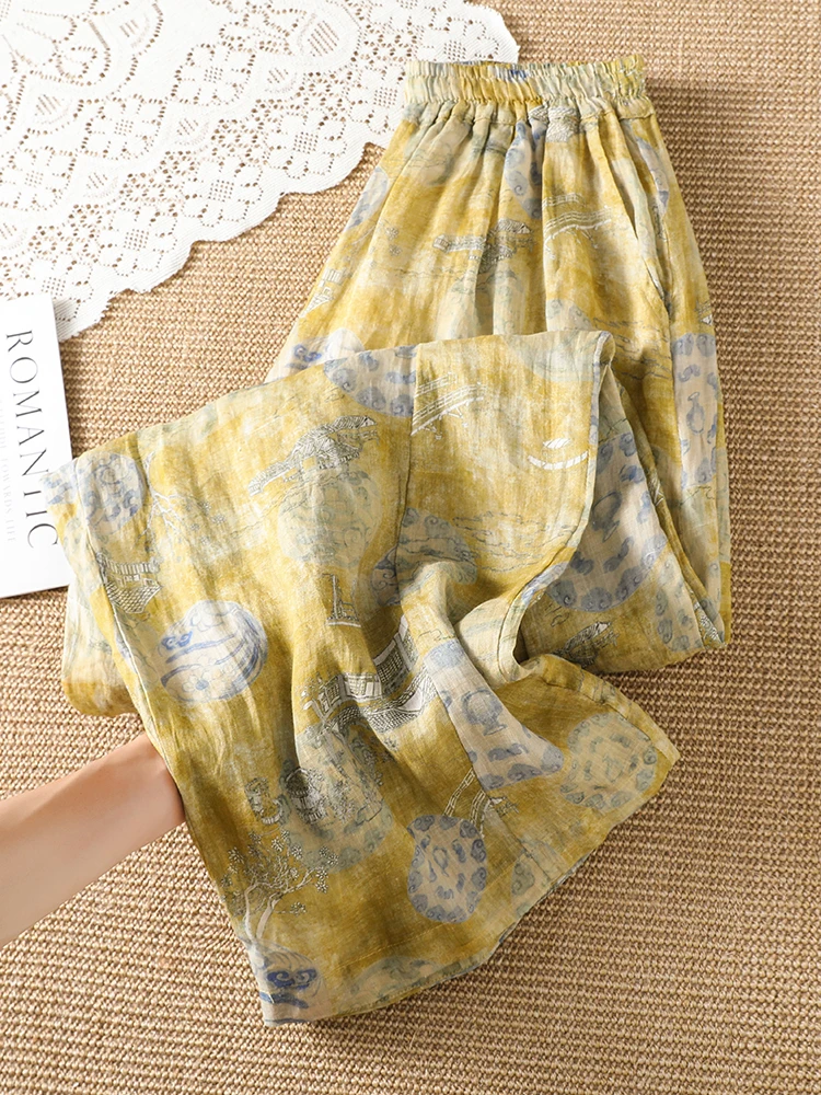 Retro Artistic Gradient Print Wide Leg Pants Women's Summer New Loose Casual Elastic Waist Slimming Casual Pants