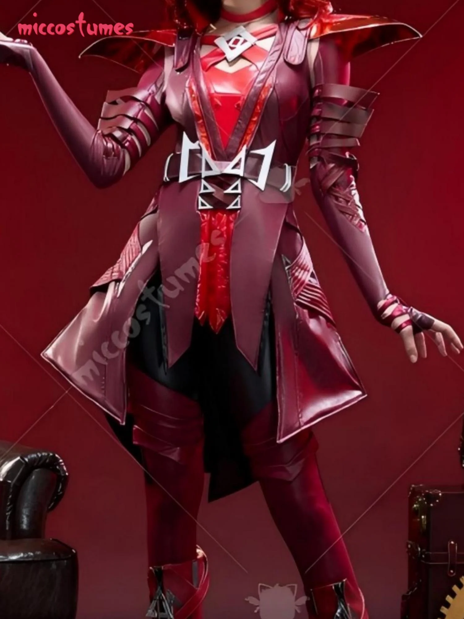 Miccostumes Women's Red Witch Cosplay Costume Top and Pants with Shoulder Armor and Choker for Halloween