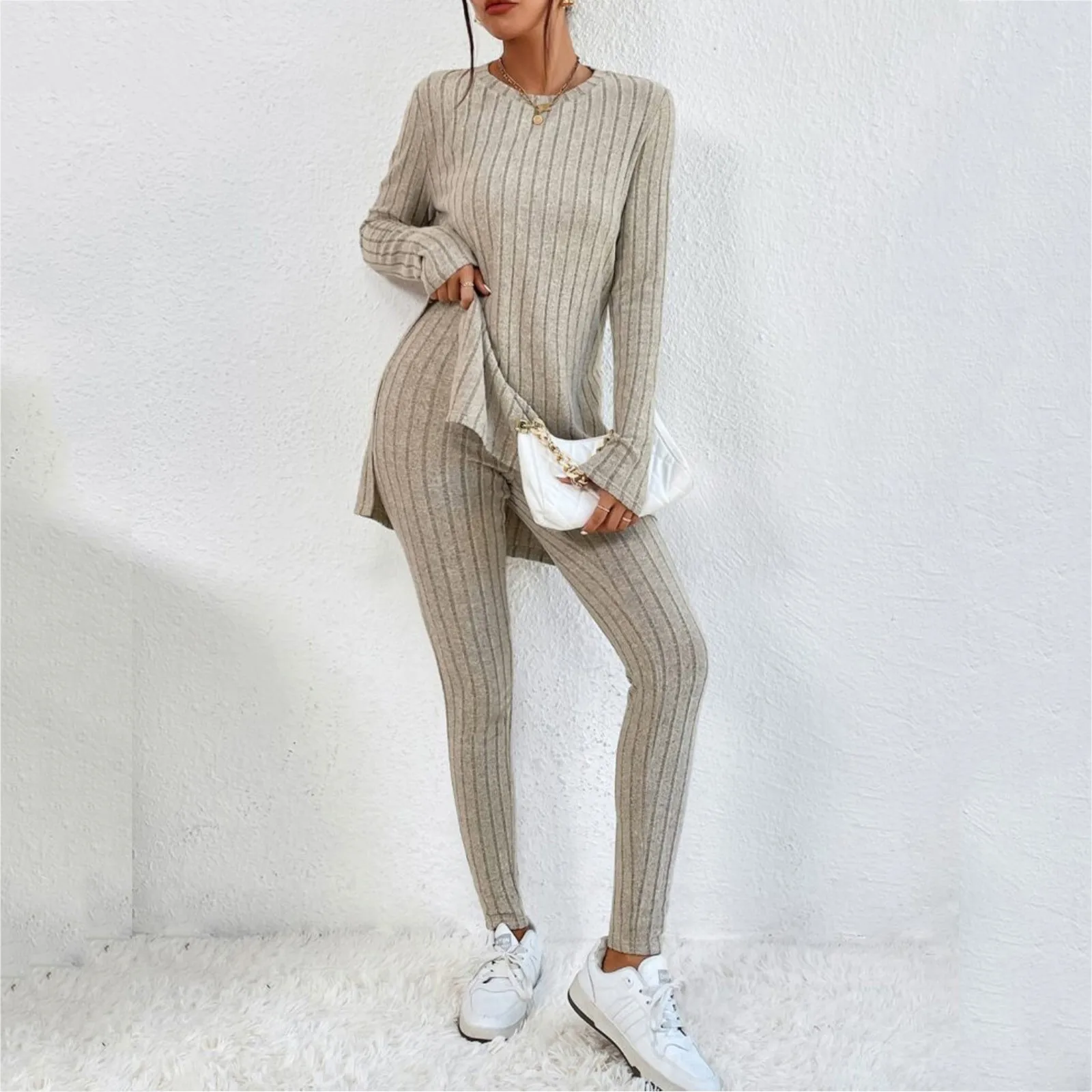 Casual Two Piece Set Women Outfits 2024 Autumn/Winter New Fashion Solid Knitted Long Sleeve Sweater & Loose Pants Suit Elegant