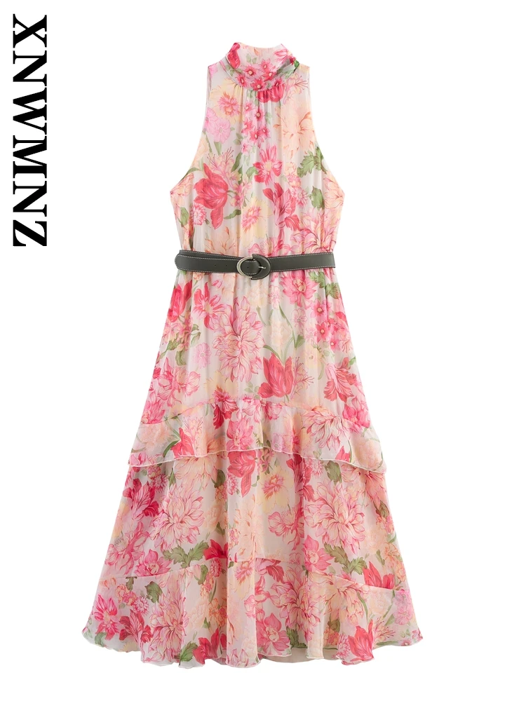 Xnwmnz 2025 verão feminino boho chique o-gola sem mangas plissado vestidos longos férias moda senhora em camadas vestido floral com cinto