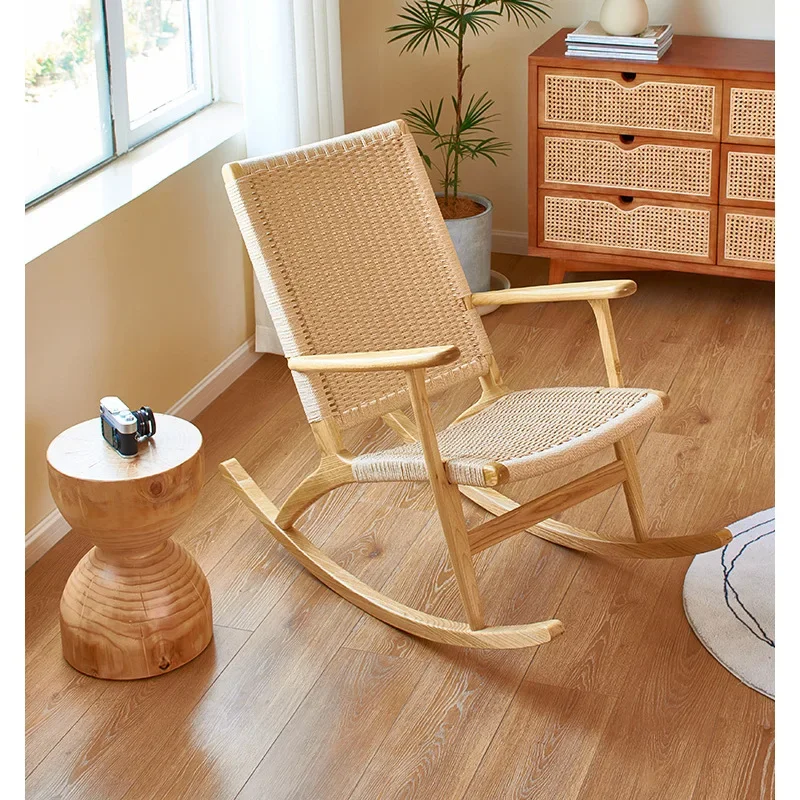 Solid wood high-back rocking chair rocking  Nordic rattan Japanese rattan chair solid wood reclining