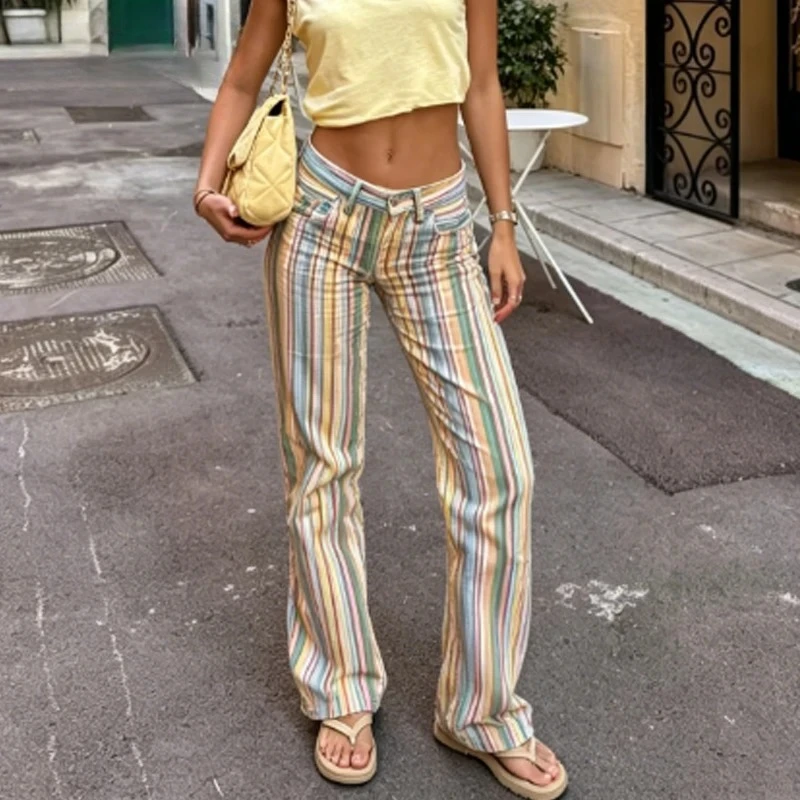 

Rainbow Baggy Jeans Pants Women's Straight Jeans 2026 Female Striped Low Landing Jeans Chic Denim Trousers Streetwear Pants