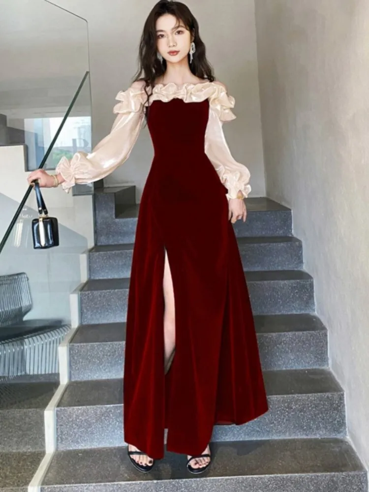 Autumn Evening Party Dress Prom Robe Ruffles Patchwork Long Sleeve Off Shoulder A-line High Split Wedding Maxi Vestidos Mujer