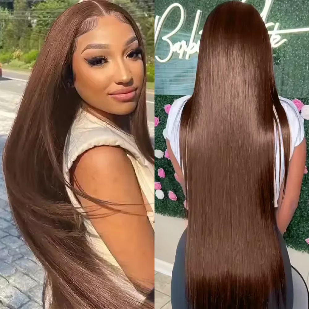 طويل مستقيم # 4 باروكة من شعر طبيعي بني بلون الشوكولاتة تم قطعه مسبقًا للنساء 200 كثافة 13x4 13x6 HD باروكات أمامية من الدانتيل الشفاف