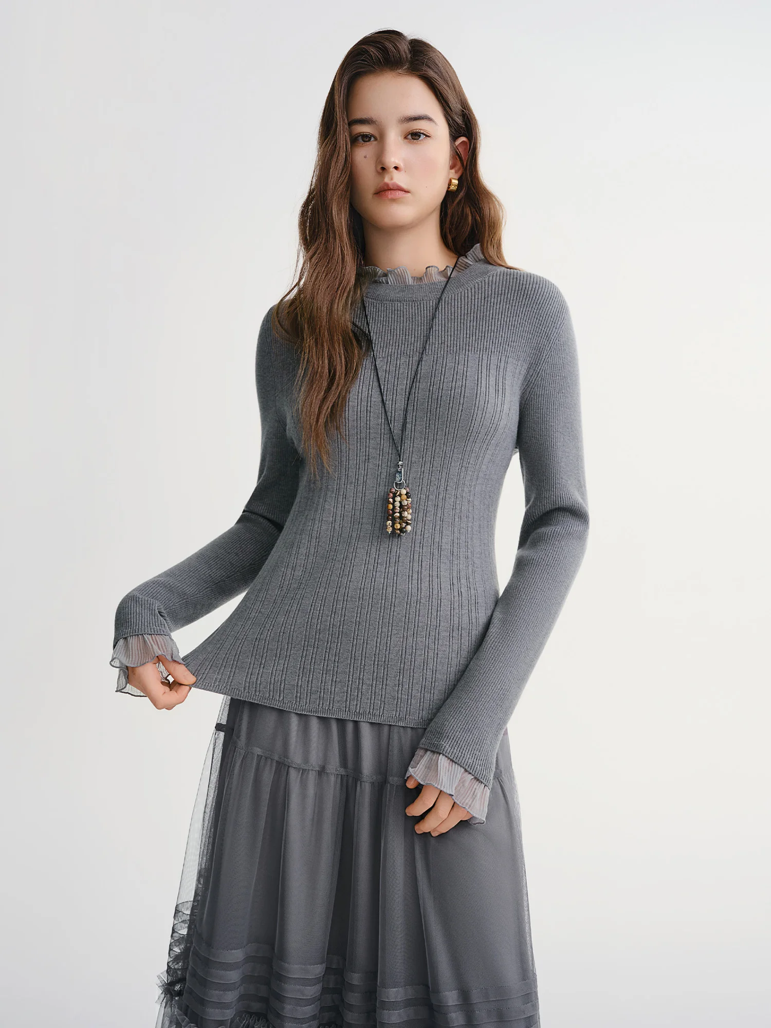 DUSHU Plus Size Women's Lace Ruffle Collar Slim Fit Knitted Top 2025 Winter Semi Turtleneck Base Layer Shirt for Daily Wear