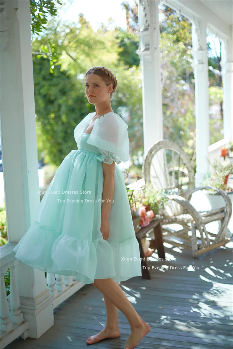 Selkie Blue Short Organza Prom Dresses Formal Occasion A-Line Evening Gowns Puff Sleeves Prom Gowns Pregant Party Dresses Women