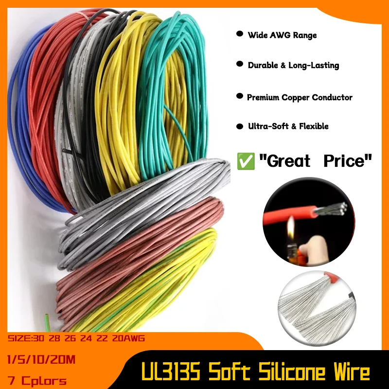 

UL3135 Silicone Wire Flexible Heat-resistant Tinned Copper Electric Cable DIY LED Lamp Lighting 1/5/10/20M 30 28 26 24 22 20AWG