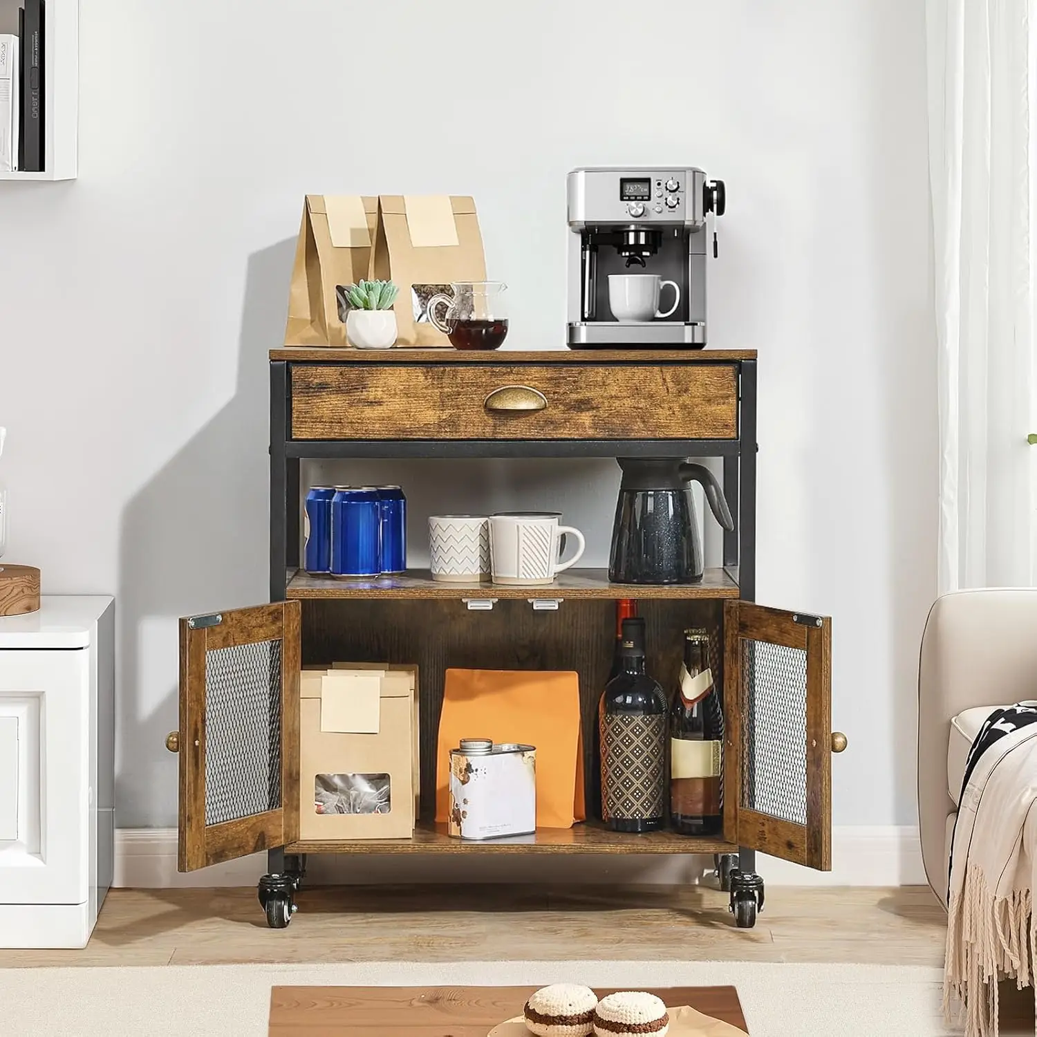 Coffee Bar Cabinet, 24 Inch Farmhouse Bar Cabinet with Storage, Movable Coffee Table with Wheels & Mesh Door，Sideboard Buffet