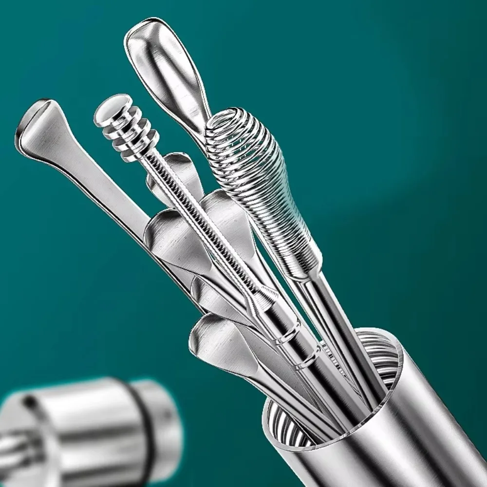 9Pcs/set New 9Pcs/Set Earwax Removal Tools Curette Spoon Stainless Steel Ear Wax Cleaner Ear Care Easy Carry Earpick