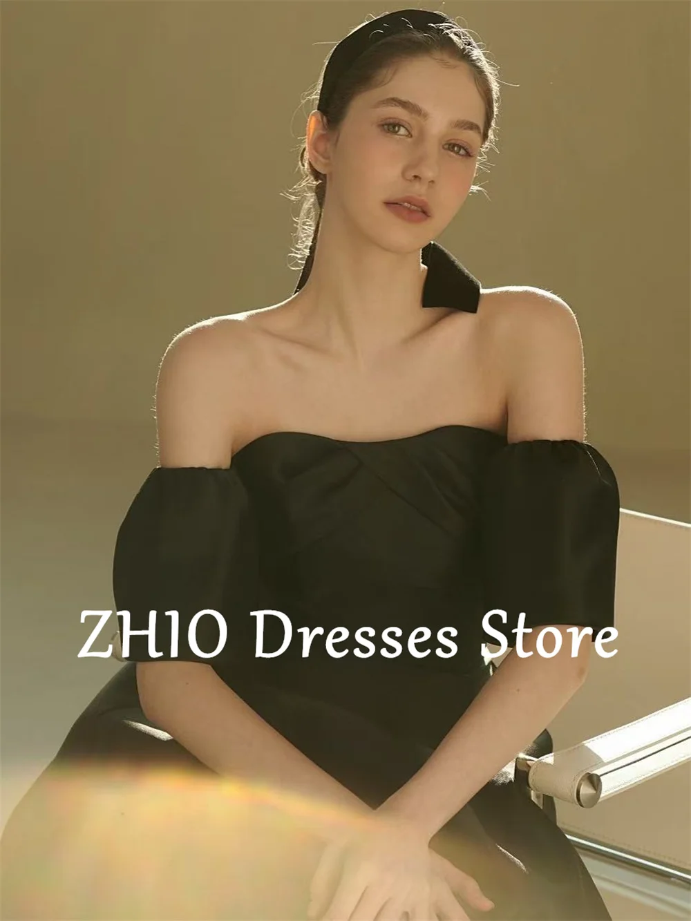 ZHIO noir bretelles avec manches bouffantes robe coréenne séance photo robes de mariée en Satin personnalisé Corset/fermeture éclair dos fête moderne