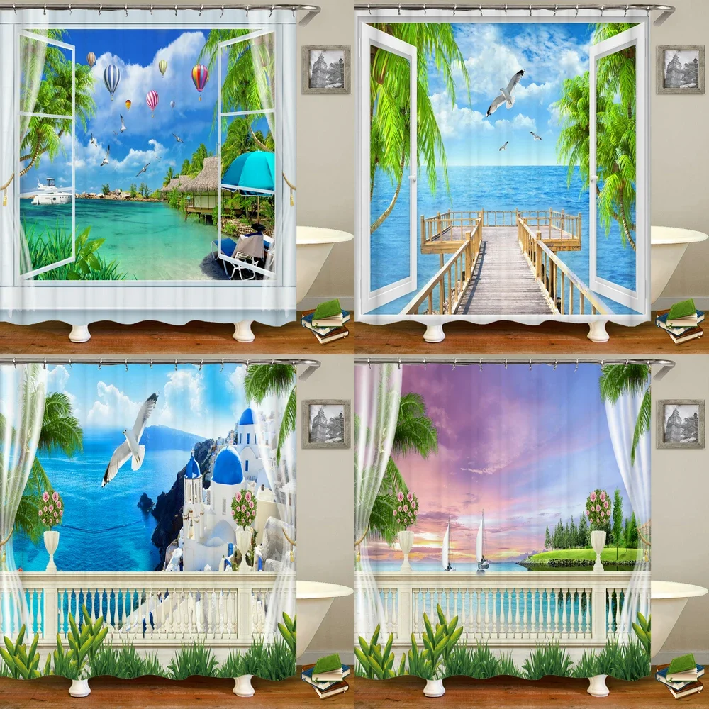 

3D открытие окна пейзаж пляж пейзаж печать занавеска для душа моющаяся тканевая занавеска украшение для ванной комнаты с занавеской на крючке