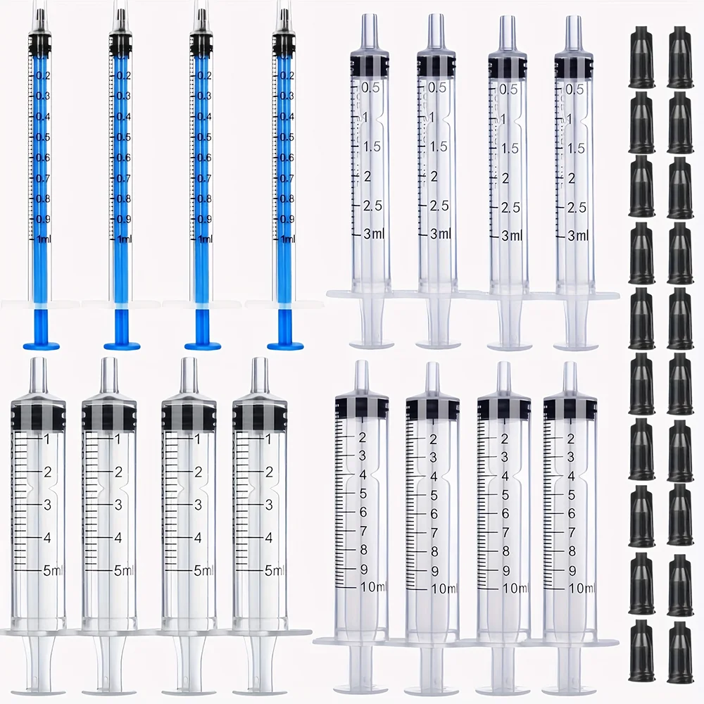 1Ml/3Ml/5Ml/10D Syringe Set with Caps, 20Pcs Syringes + 20Pcs Caps, Suitable for Glue, Liquid Dispensing and Measurement, Pet Food Feeding, Refillable Cartridges, Laboratory Research, Liquid Dispensing, Plant Research, Industrial Dispensing, Printing Ink Dispensing, Etc
