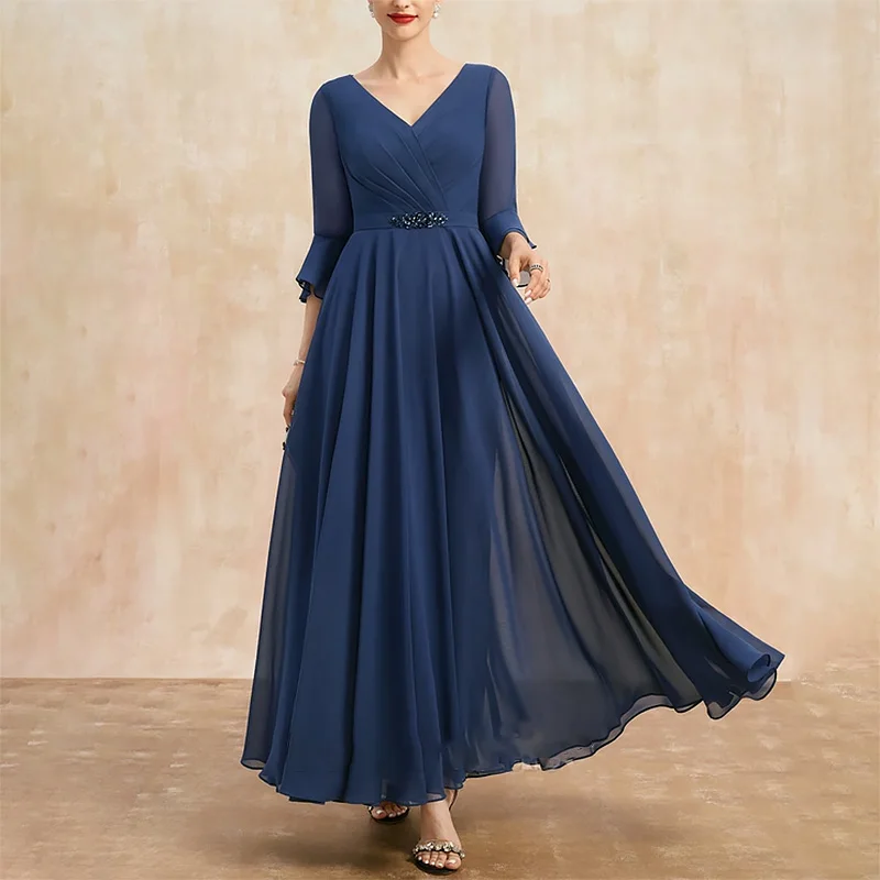 Long Beads Mother of the Bride Dress Chiffon V-Neck Ankle-Length A-Line Wedding Guest Party for Women 2023 Formal Evening Gala