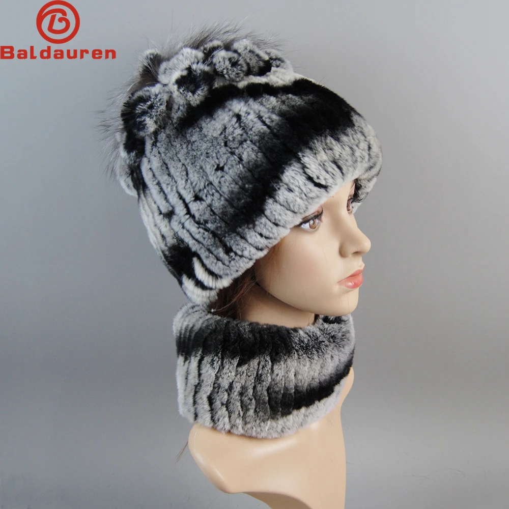 2024 Women Winter Luxury Knitted Rex Rabbit Fur Hats With Silver Fox Fur Cap Scarves Sets Real Rex Rabbit Fur Hat Scarf 2 Pieces