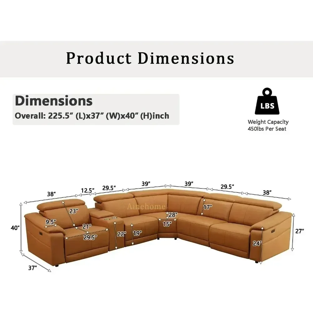 Power Recliner Sofa, Light Brown Reclining Sectional Couch,5-Seater Leather Couch with Cup Holder for Living Room/Apartment