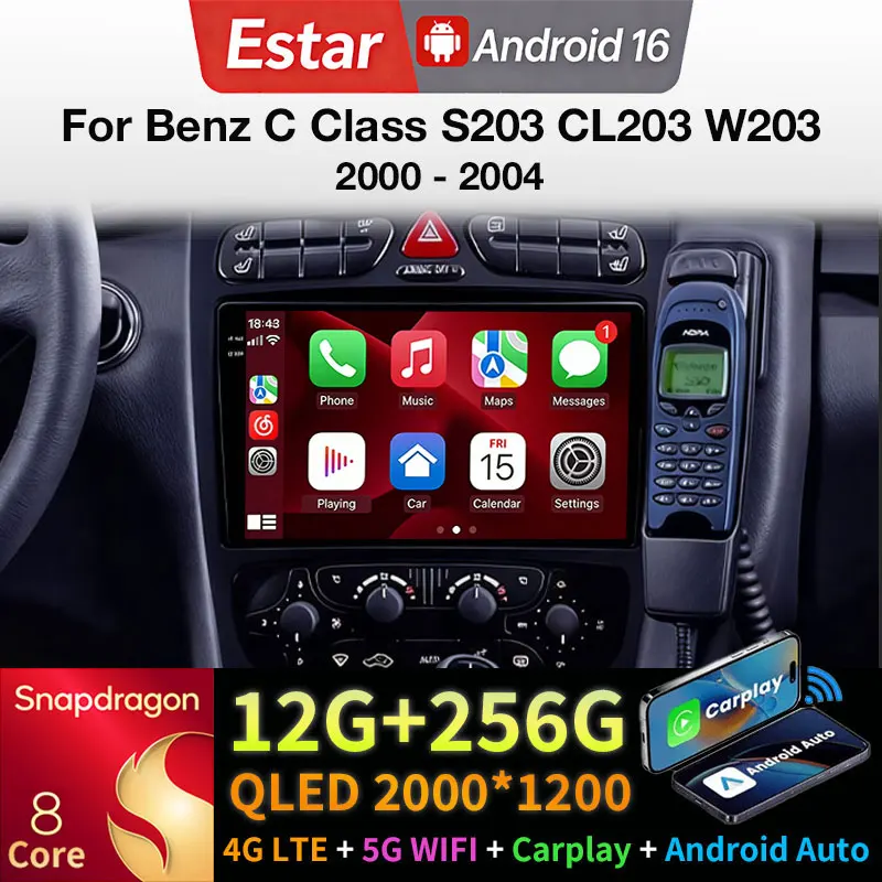 Android 16 Car Radio For Benz C Class S203 CL203 W203 2000 - 2004 GPS Multimedia Player Navi Wireless Carplay Head Unit DSP QLED