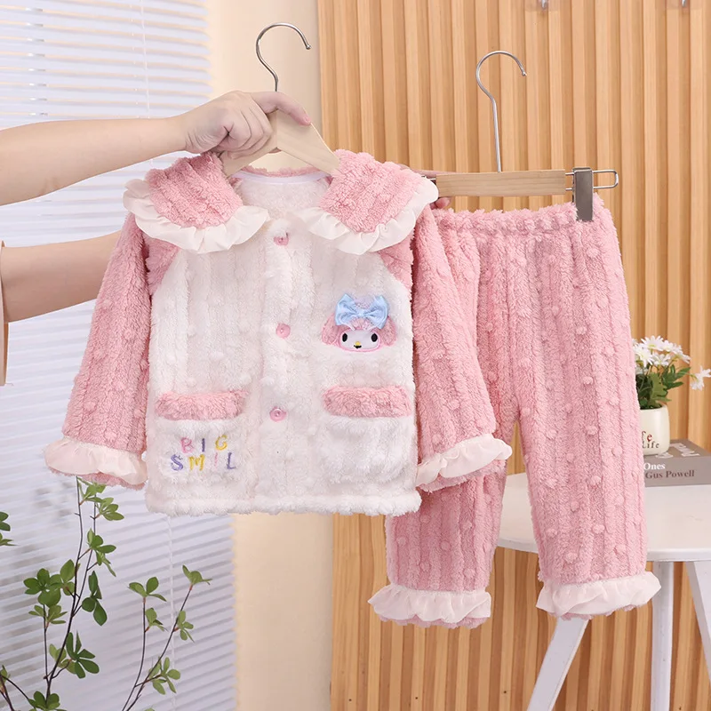 

Новый пижамный комплект Sanrio для девочек, осенне-зимний фланелевой детский комплект из 2 предметов, утолщенный теплый пижамный комплект из кораллового флиса Kawaii