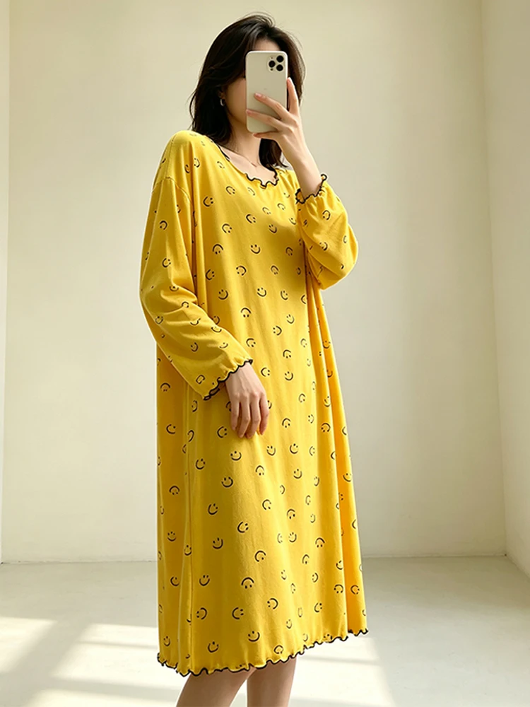 Modal Long Sleeve Home Dress Thin Casual Leisure plus Size Sleepwear  Face Ladies Home Comfortable Long Skirt