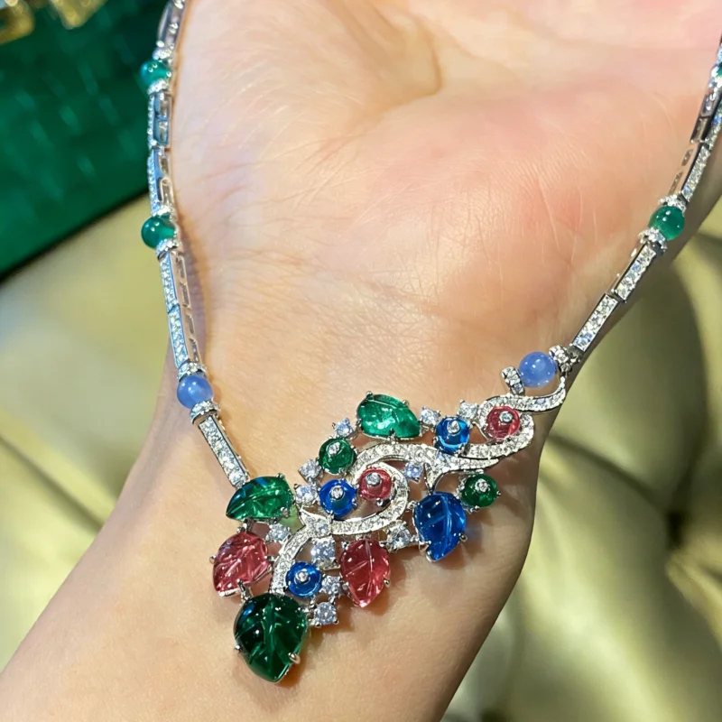 Bellux Original Design Jewelry Retro Party Banquet Necklace Colorful Leaves s925 Silver Fine Necklace