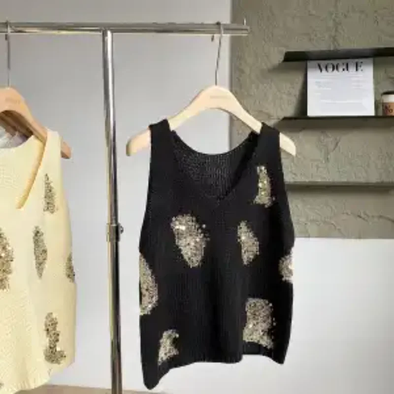 Women's V Neck Sequin Embellished Knitted Vest Casual Loose Fit Sleeveless Sweater Tank Top