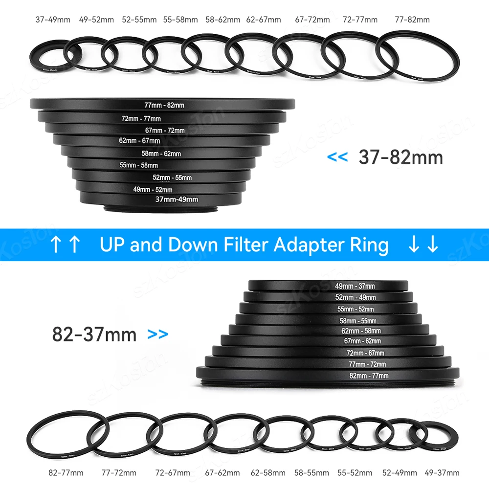 18pcs Filter Step Up Rings Adapter 49-52-55-58-62-67-72-77-82mm 49mm-82mm Step-up Ring Anodized Aluminum Material as Lens Hood