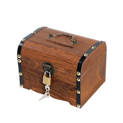 Wooden Retro Treasure Chest Piggy Bank Decorative Box With Lock, Coin, Banknote Storage Box Safe Money Box Gift