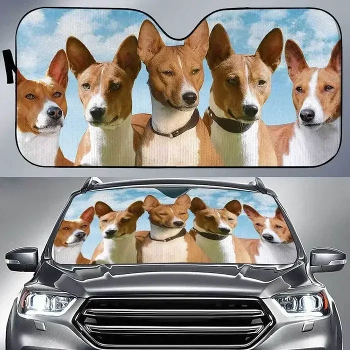 Funny Basenji Dogs Blue Sky Pattern Car Sunshade for Basenji Lovers, Basenji Dog Team Sky Background Auto Sun Shade, Windshield