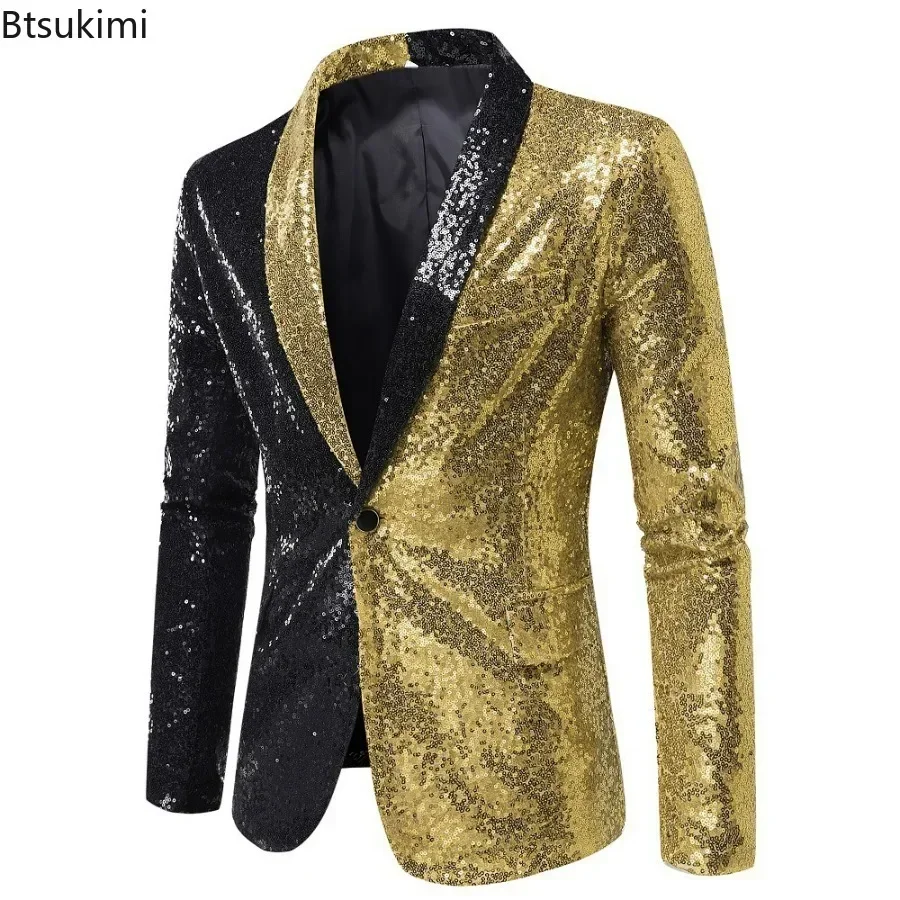 2025 Blazer da smoking con paillettes patchwork da uomo Elegante scialle lucido con risvolto Giacca con un bottone Giacca da uomo Disco Party