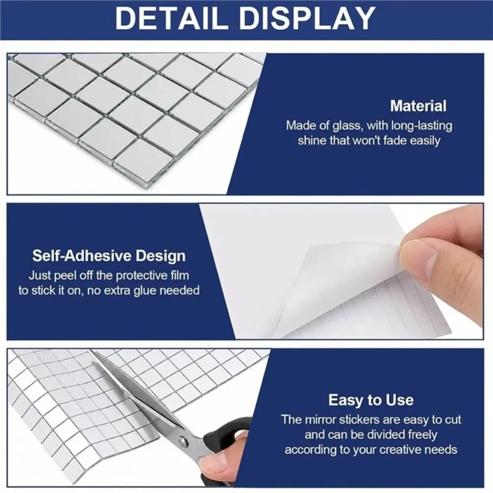 Flexible Sheet Mosaic Mirror Tiles Silver Color Square Shape Glass Mosaic Patches Reflective Surface Grid Pattern