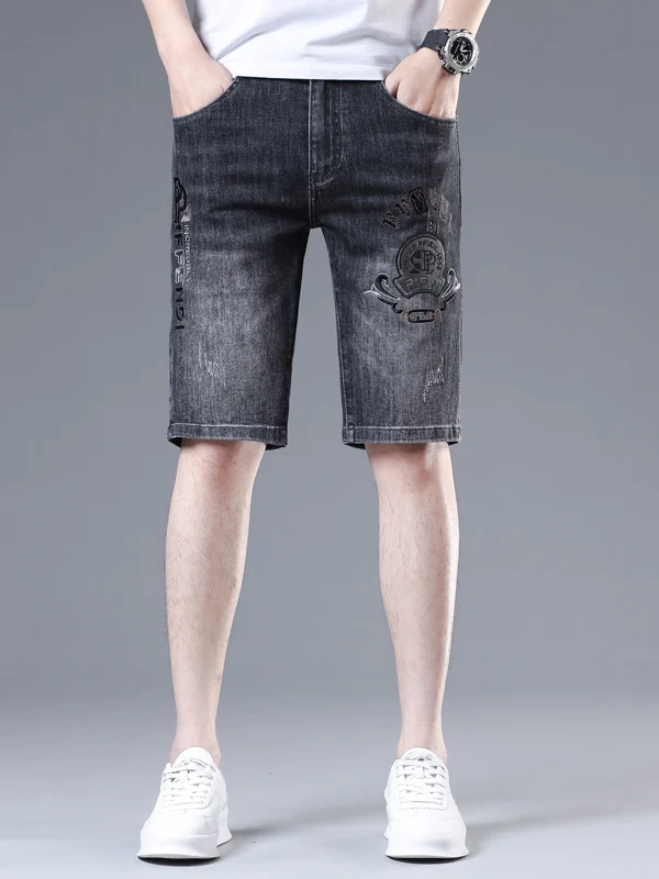 

High-End Men's Embroidered Denim orts Five-Quarter Length Straight Leg Thin Summer Faionable Cotton Blend Youth Casual