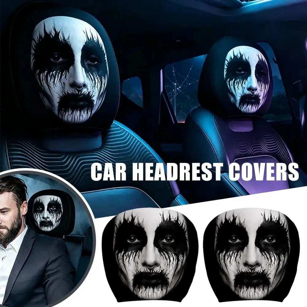 2pcs Universal Elastic Car Headrest Sleeves Halloween Horror Ghost Face Print Car Seat Head Covers Spooky Vehicle Interior Decor