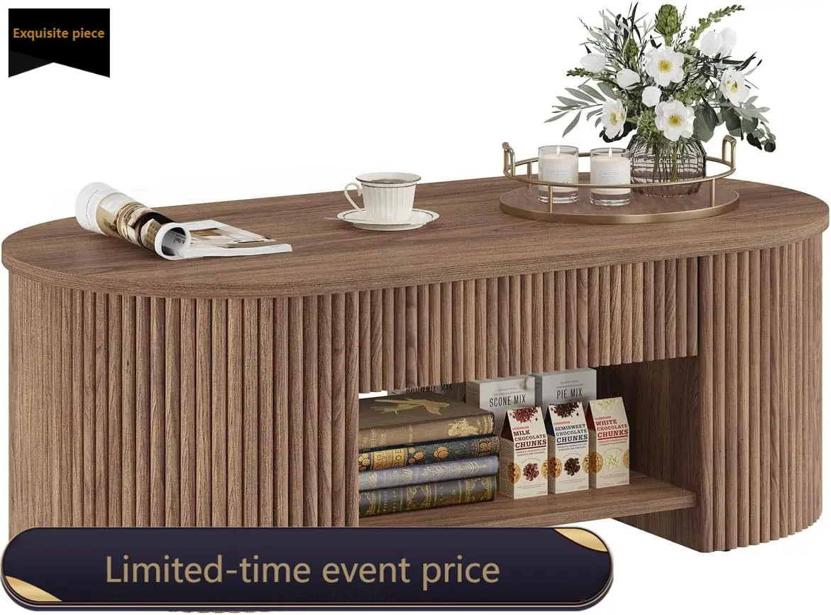 

Овальный деревянный кофейный столик в стиле середины века с ящиком для хранения и открытой полкой, из орехового дерева, для гостиной, спальни, домашнего офиса, 43 дюйма